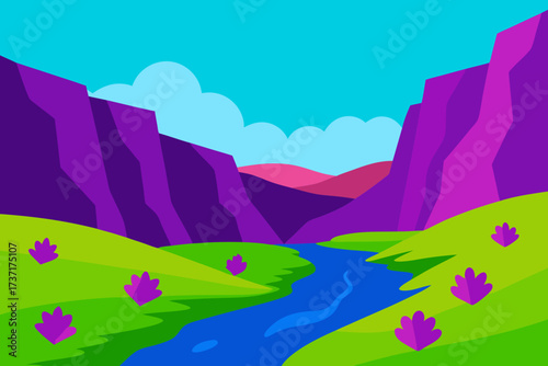 Vibrant cartoon landscape with purple mountains and a blue river flowing through green hills