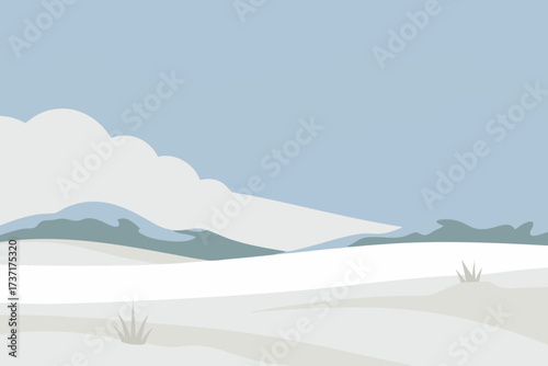 Minimalist winter landscape with rolling snow covered hills and cloudy sky