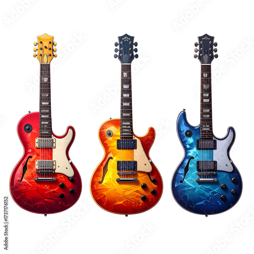Set of Colorful Electric Guitar Stickers with Vibrant Patterns, Realistic Style, isolated on transparent background 