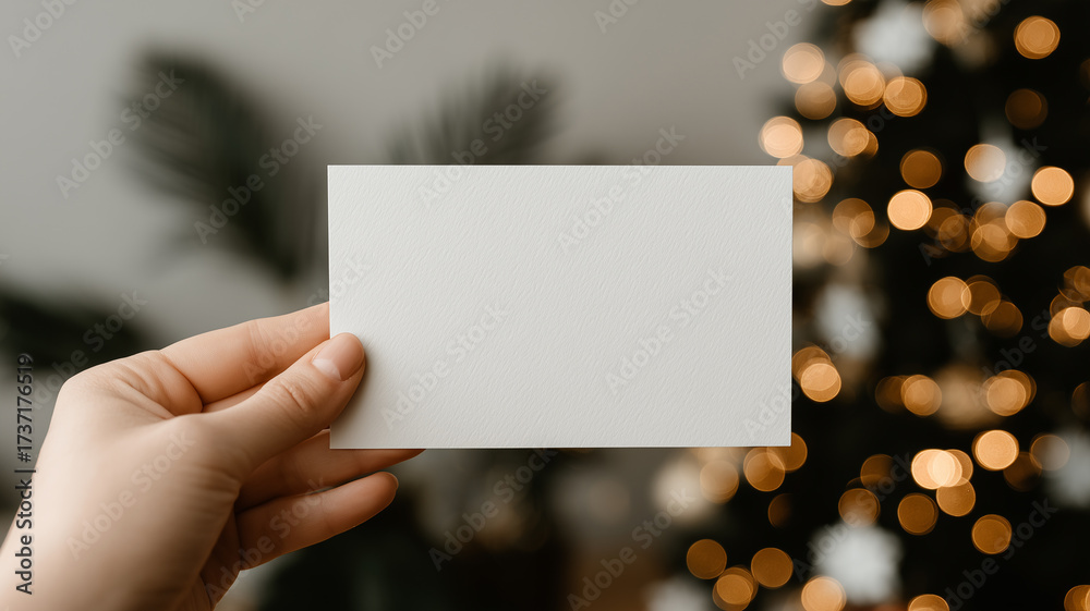 Obraz premium Hand presenting blank invitation card with festive lights representing holiday greeting message and seasonal marketing 