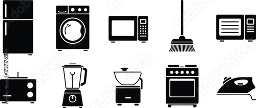 Collection of black silhouette icons of kitchen and home appliances vector illustration