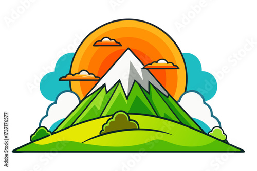 Stylized mountain peak with sun and clouds in a vibrant landscape