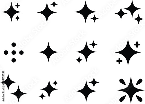 Collection of Black Sparkle and Shine Icons on White Background Keywords: sparkle, shine, star