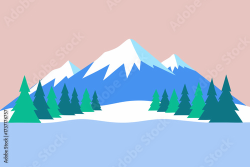 Stylized winter mountain landscape with snow covered peaks and evergreen trees