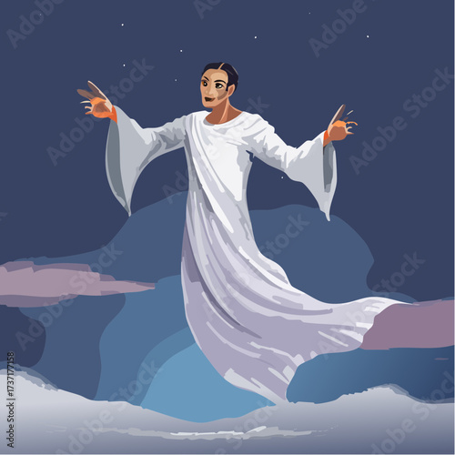 A radiant spiritual being ascends gracefully through celestial clouds, an ethereal apparition bathed in soft starlight, symbolizing hope and divine presence