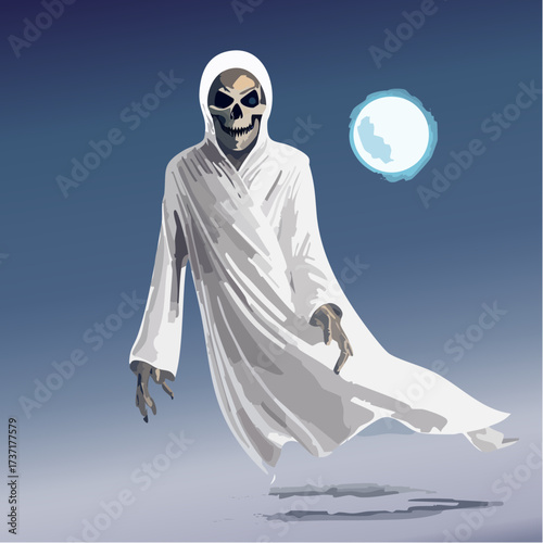 A spectral apparition with a chilling visage, this ethereal phantom in a flowing white shroud floats under a luminous moon, evoking the spooky essence of Halloween