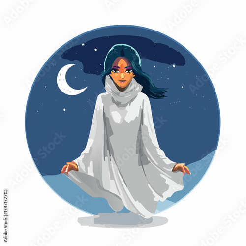 An ethereal nocturnal apparition emerges from the tranquil darkness, a spectral figure draped in white, embodying a serene and mysterious presence under the crescent moon