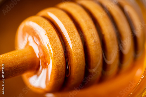 Honey dipper submerged in golden honey. Beautiful liquid honey with wooden dipper in glass jar.