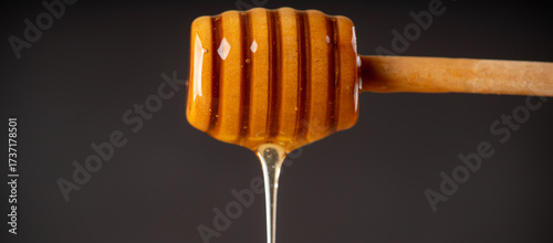 Honey dipper dripping with golden honey on dark background.