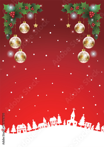 クリスマス背景25、イラスト、かわいい、縦、赤、飾り、街並み