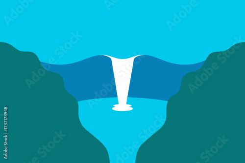 Stylized minimalist waterfall cascading into a bright blue pool surrounded by green cliffs
