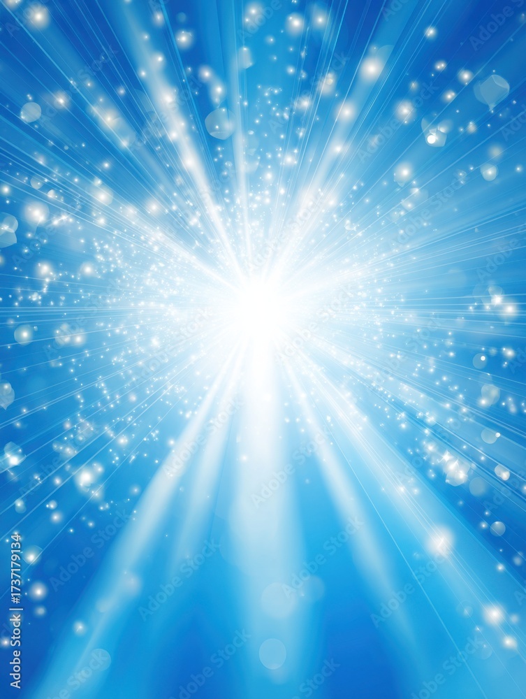Naklejka premium Bright Blue Light Bursts With Sparkling Particles Illuminating a Serene Background During a Vibrant Daytime Scene