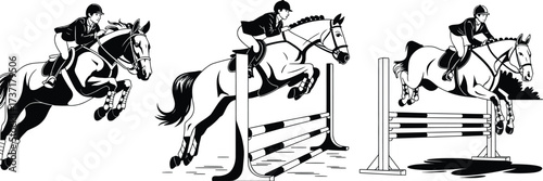 Horse Riders Jumping Hurdles Vector Illustration