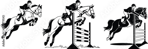 Equestrian Jumping Vector Set,  Horseback Riders Over Hurdles, Show Jumping Sport, Horse Riding Competition