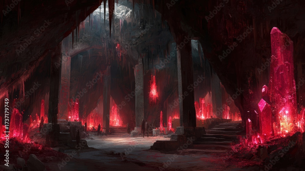 Fototapeta premium A cavern filled with glowing red crystals