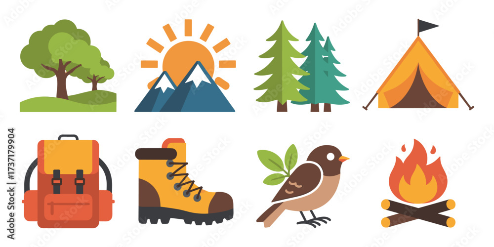 Fototapeta premium Outdoor Adventure and Camping Themed Icons With Nature Elements Keywords: camping, tent