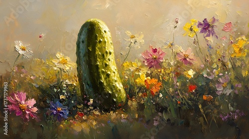 A vibrant painting of a pickle standing tall amidst a colorful wildflower meadow.