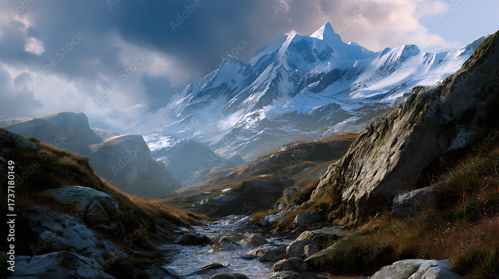 Obraz premium Snowy Mountain Peak Under Cloudy Sky With Brown Valley Landscape and Water Stream View