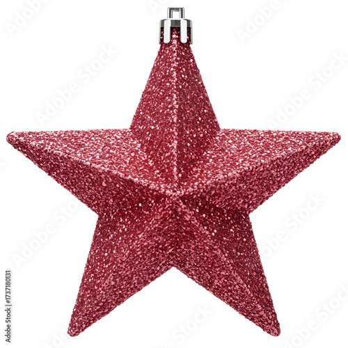 Sparkling ruby red glitter star ornament gleams with festive holiday cheer, perfect for Christmas decor