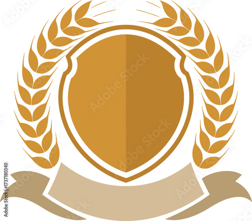 Golden shield emblem with wheat stalks, agriculture crest design, prosperity symbol, traditional badge, vintage ribbon banner, heraldic logo, symmetrical vector, honor and harvest concept