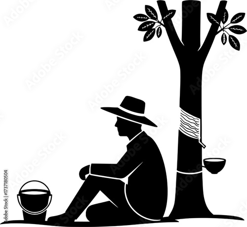 Rubber Tapper Resting Under Tree with Latex Collecting Icon