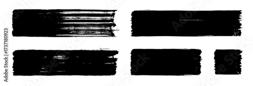 Straight brush paint stroke vector set. Painted text boxes, banner frames. Rough ink swatches, dry brush shapes. Grunge texture strips. Hand-drawn black textbox bg. Distressed letterpress bg