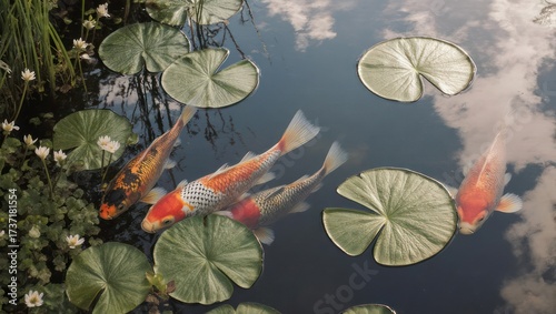 Colorful fish in a serene pond with lily pads