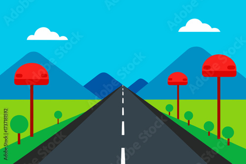Stylized flat landscape with a road leading to mountains and red mushroom like structures