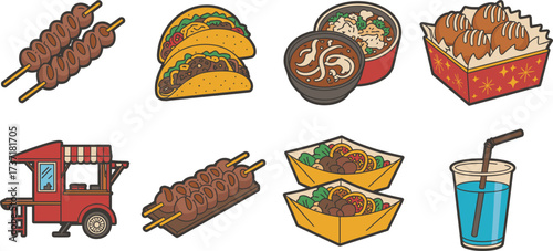 Street Food Assortment with Skewers, Tacos, and Drinks soup