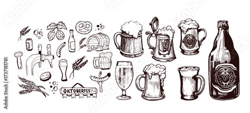 Vintage Hand-Drawn Beer Collection – Mugs, Bottles, Hops & Oktoberfest Elements