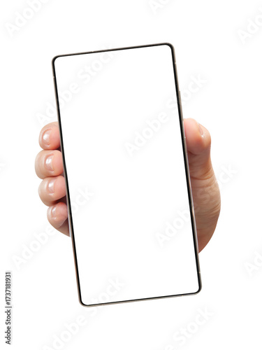 Hand Holding Smartphone with Blank White Screen Isolated
