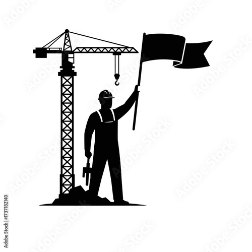A silhouette of a construction worker holding a flag, standing near a crane, representing progress and achievement.