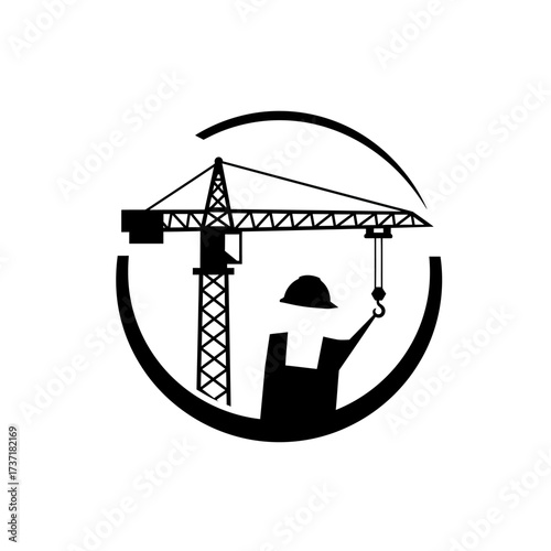 A minimalist illustration depicts a construction worker operating a crane, symbolizing building and infrastructure development.