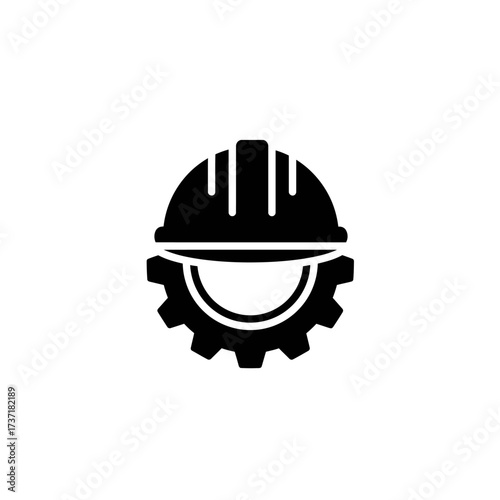 A black and white construction helmet icon is shown atop a gear, representing industry and engineering concepts.