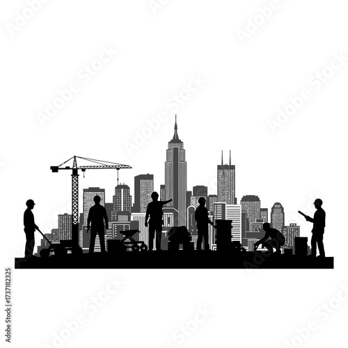Silhouette of construction workers and a cityscape with iconic buildings and a crane, creating a visual of urban development.