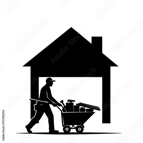 A construction worker pushes a wheelbarrow filled with tools and materials out of a house silhouette, symbolizing home improvement.