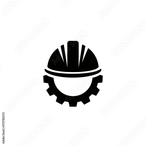 A simple black and white logo features a construction helmet atop a gear, symbolizing industry and engineering concepts.