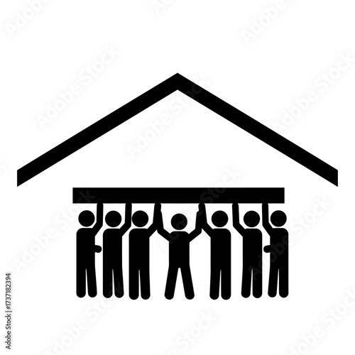 Symbolic representation of teamwork and support, with several figures holding up a roof structure, demonstrating collaboration and unity.