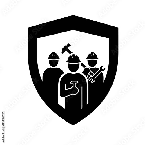 An icon depicts a team of construction workers inside a shield, representing safety and teamwork in the building industry.