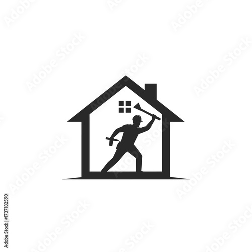 A stylized logo depicts a person inside a house silhouette, wielding tools, representing home renovation and construction services.