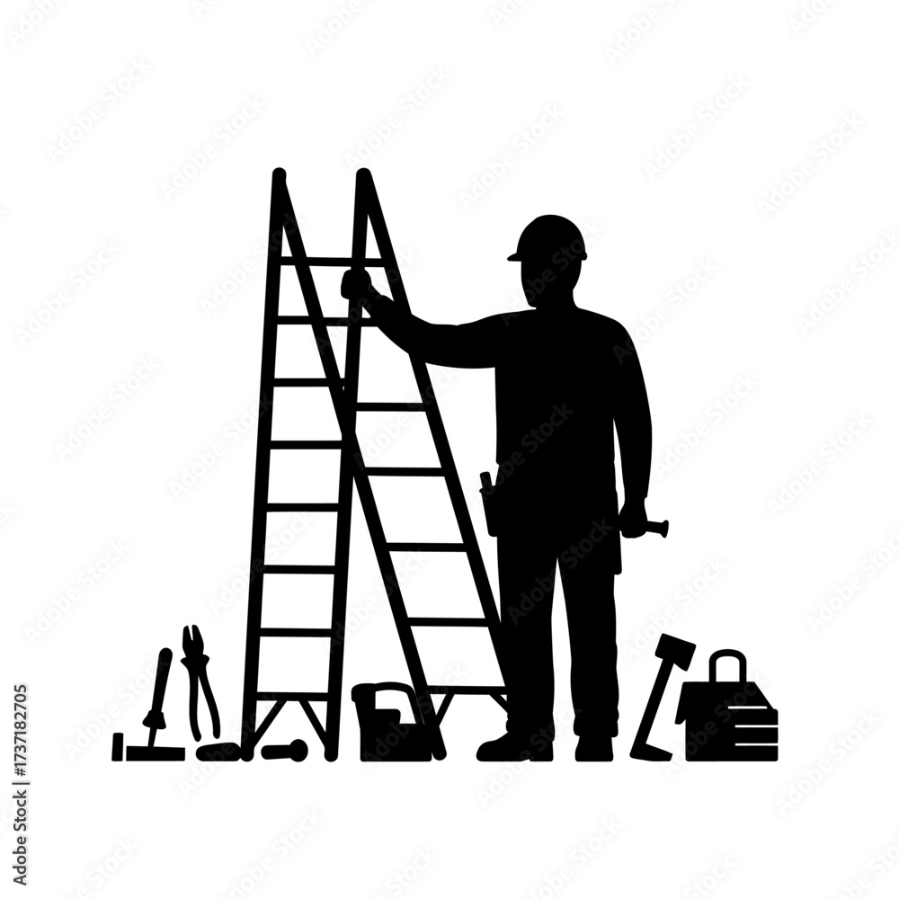 Obraz premium A construction worker silhouette stands beside a ladder with tools arranged at the base, symbolizing labor and building.