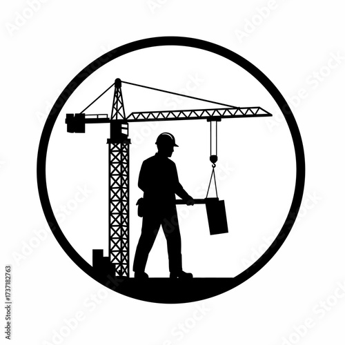 A construction worker silhouette operates a crane, building a structure within a circular design, representing industry and labor on a white background.