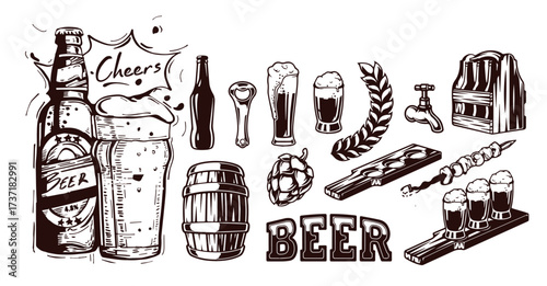 Vintage Hand-Drawn Beer Collection – Mugs, Bottles, Hops & Oktoberfest Elements