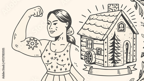 Empowered woman flexing muscles next to cozy cabin, home ownership dream, strength and independence, building a future, confident homeowner, DIY project