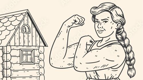 Empowered woman flexing beside her cozy cabin, embodying strength, resilience, and self-sufficiency in a rustic setting, vector origin provides scalability