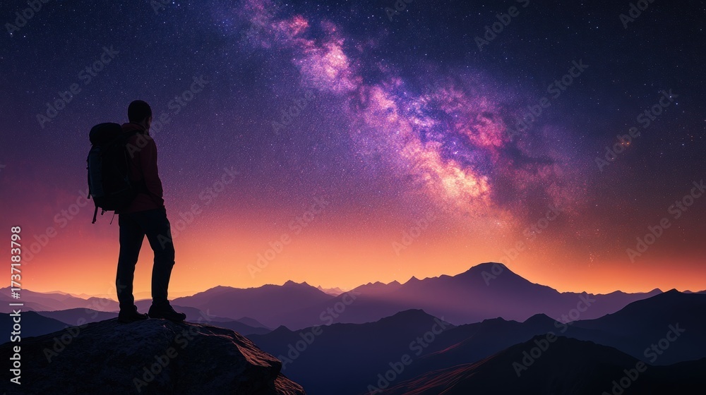 Obraz premium Silhouette of hiker gazing at milky way over mountain range