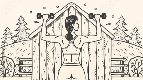 Get Fit Outdoors Woman Lifting Dumbbells in Rustic Landscape, Fresh Air Workout, Health and Wellness Lifestyle, Peaceful Exercise, Fitness Goals Achieved