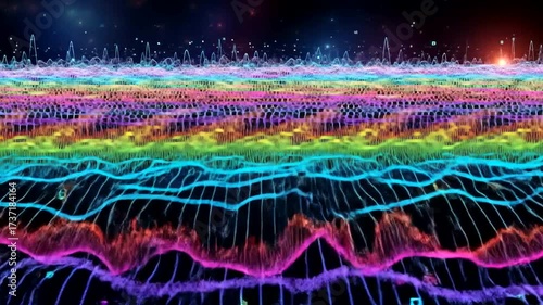 Abstract colorful waveform animation background with glowing particles and light flare