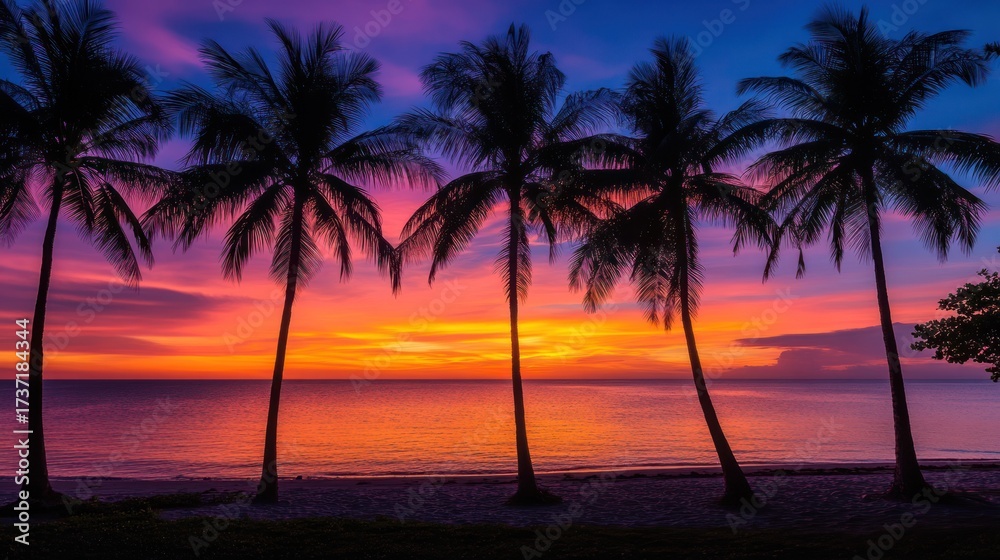 Obraz premium Silhouetted palm trees at sunset over a beach