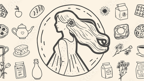 Delightful hand-drawn art featuring a graceful woman surrounded by charming food doodles, perfect for a lifestyle brand or cafe design project